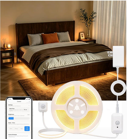 Smart Plug-in Dual Motion Sensor COB LED Strip Light for Under Bed, Under Cabinet, Hallway, Closet, 19.6ft APP Control, 3000K Warm White