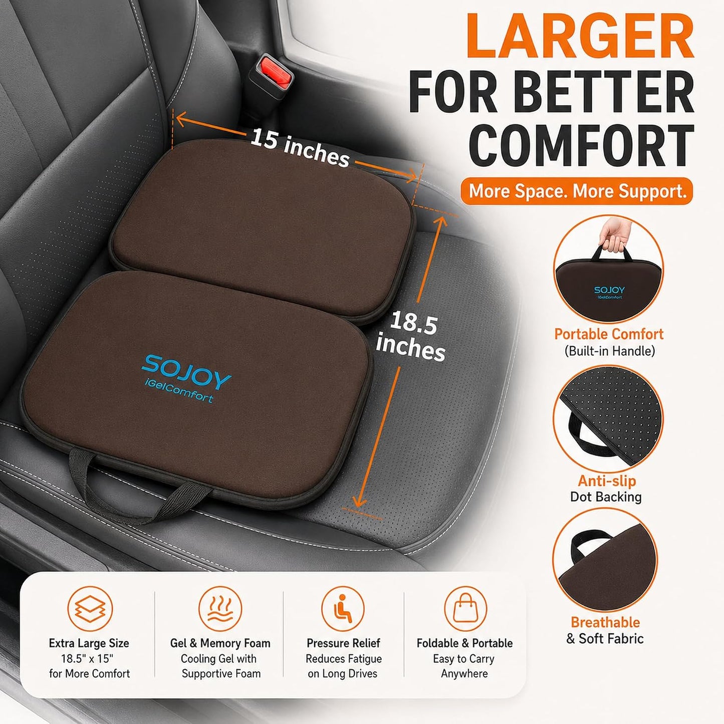 Sojoy iGelComfort 3 in 1 Foldable Gel Seat Cushion Featured with Memory Foam (A Must-Have Travel Cushion! Smart, Easy Travel Cushion) (Size: 18.5“ x 15" x 2")
