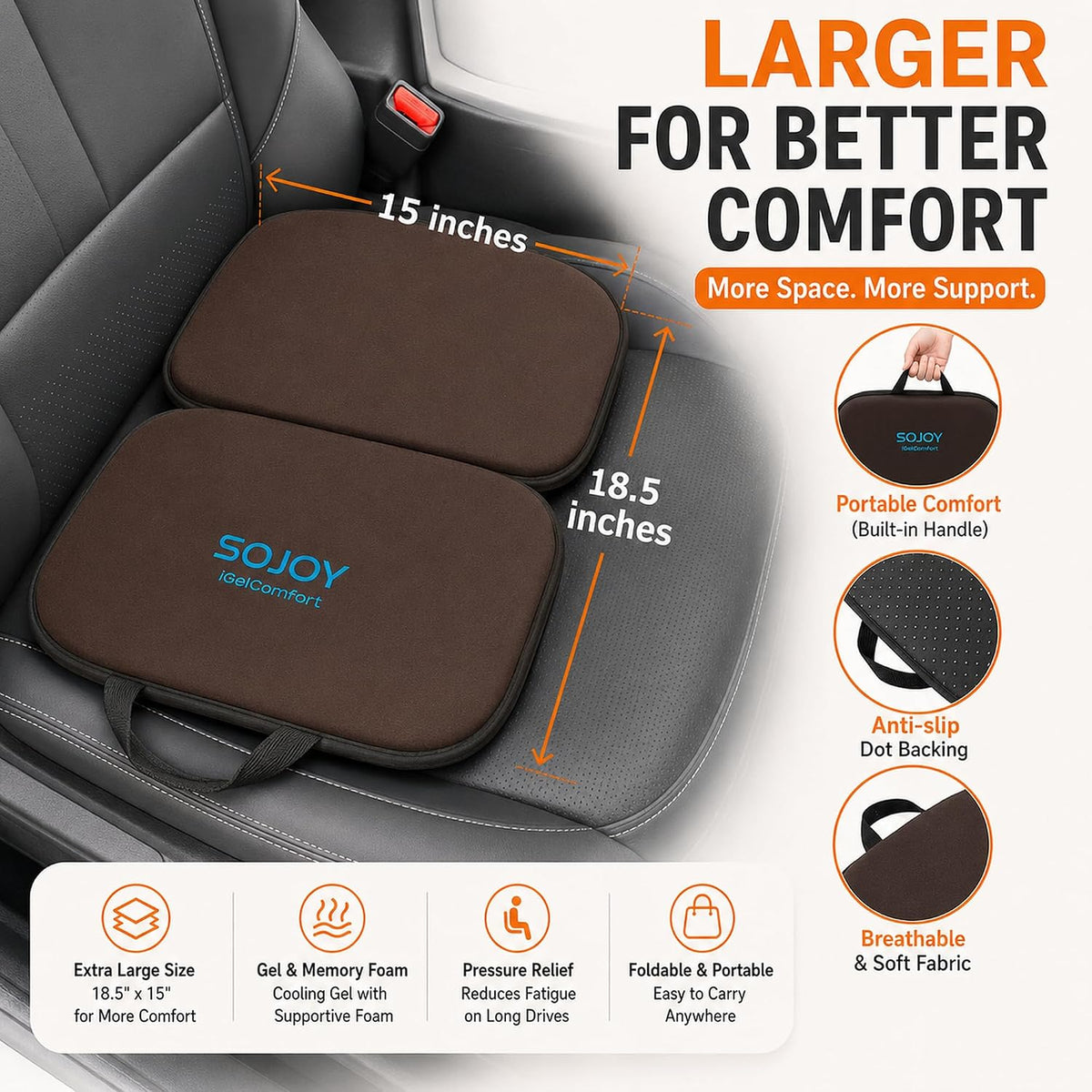 Sojoy iGelComfort 3 in 1 Foldable Gel Seat Cushion Featured with Memory Foam (A Must-Have Travel Cushion! Smart, Easy Travel Cushion) (Size: 18.5“ x 15" x 2")