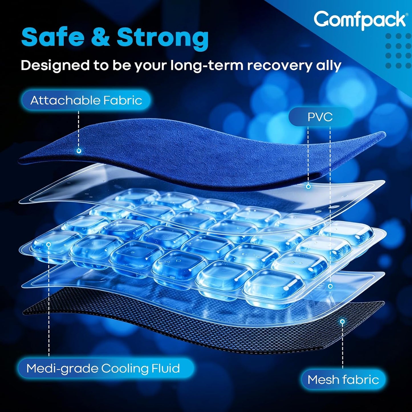 Comfpack Ice Packs for Injuries Reusable with Elastic Strap, 60-Minute Long Lasting Cold Therapy with Ice Grid Gel Design, Flexible Reusable Ice Pack Wrap for Knee, Hip, Shoulder, Neck, 13.4 × 8.6"