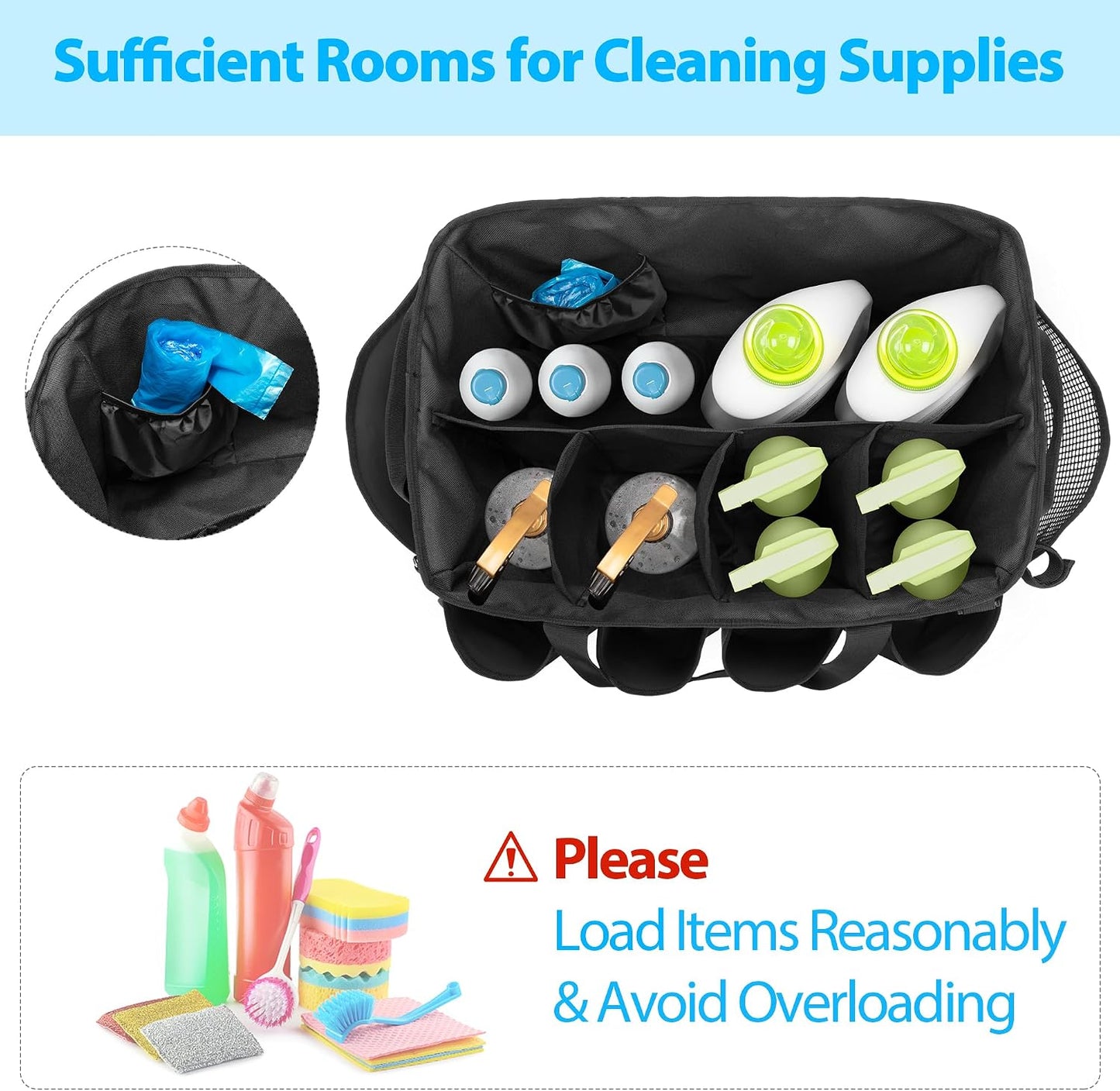 HODRANT Extra-Large Cleaning Caddy with Handles & Multi Pockets | Large Capacity Tote Bag for Cleaning Tools & Products Storage, Cleaner Organizer for Car, Home & Housekeeping Work, Gray