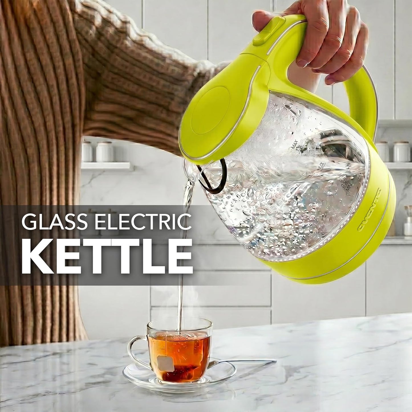 OVENTE 1.5L Glass Electric Kettle Water Boiler, Black KG83B | 1100W Fast Boiling, Borosilicate Glass, BPA-Free, Blue LED, Auto Shut-Off, Boil-Dry Protection, Removable Filter, 360° Base