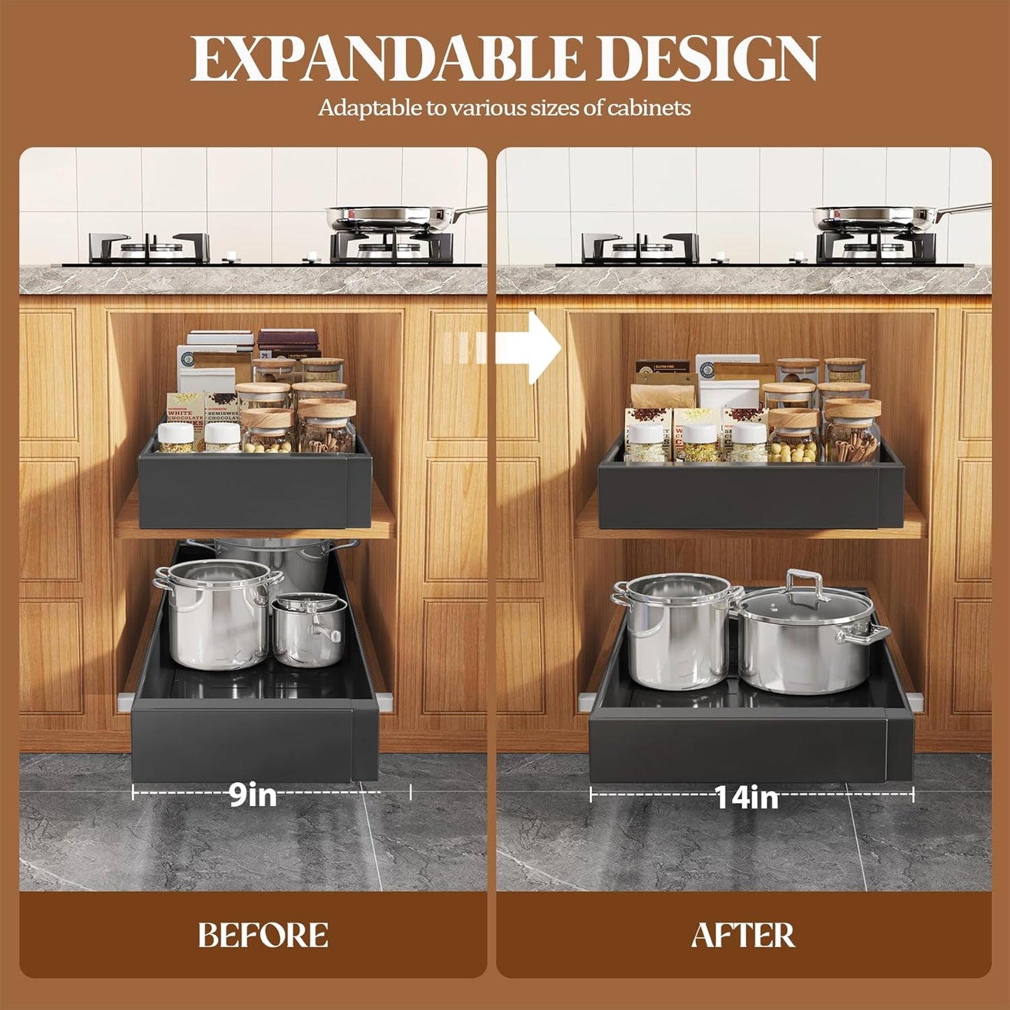 Seinloes 4 Pack Expandable Pull Out Cabinet Organizer 21"Deep With Raising Pad for Framed Cabinets,Upgrade 3 Slide Rails Slide Out Drawers,No Drill Roll Out Shelves,Adjustable Width 12.1"-20.4" White