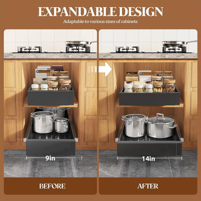 Seinloes 4 Pack Expandable Pull Out Cabinet Organizer 21"Deep With Raising Pad for Framed Cabinets,Upgrade 3 Slide Rails Slide Out Drawers,No Drill Roll Out Shelves,Adjustable Width 12.1"-20.4" White