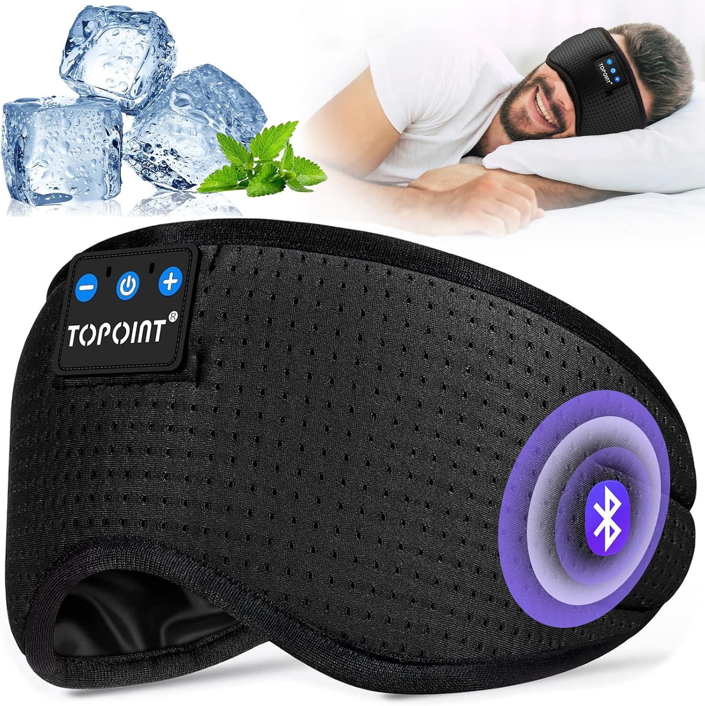 TOPOINT Sleep Mask with Bluetooth Headphones, 3D Eye Mask for Sleep Headphones with White Noise, Total Blackout, 5.4 Bluetooth, Timer, 15 Hours for Women Men, Travel, Meditation, Nap, CPAP Users