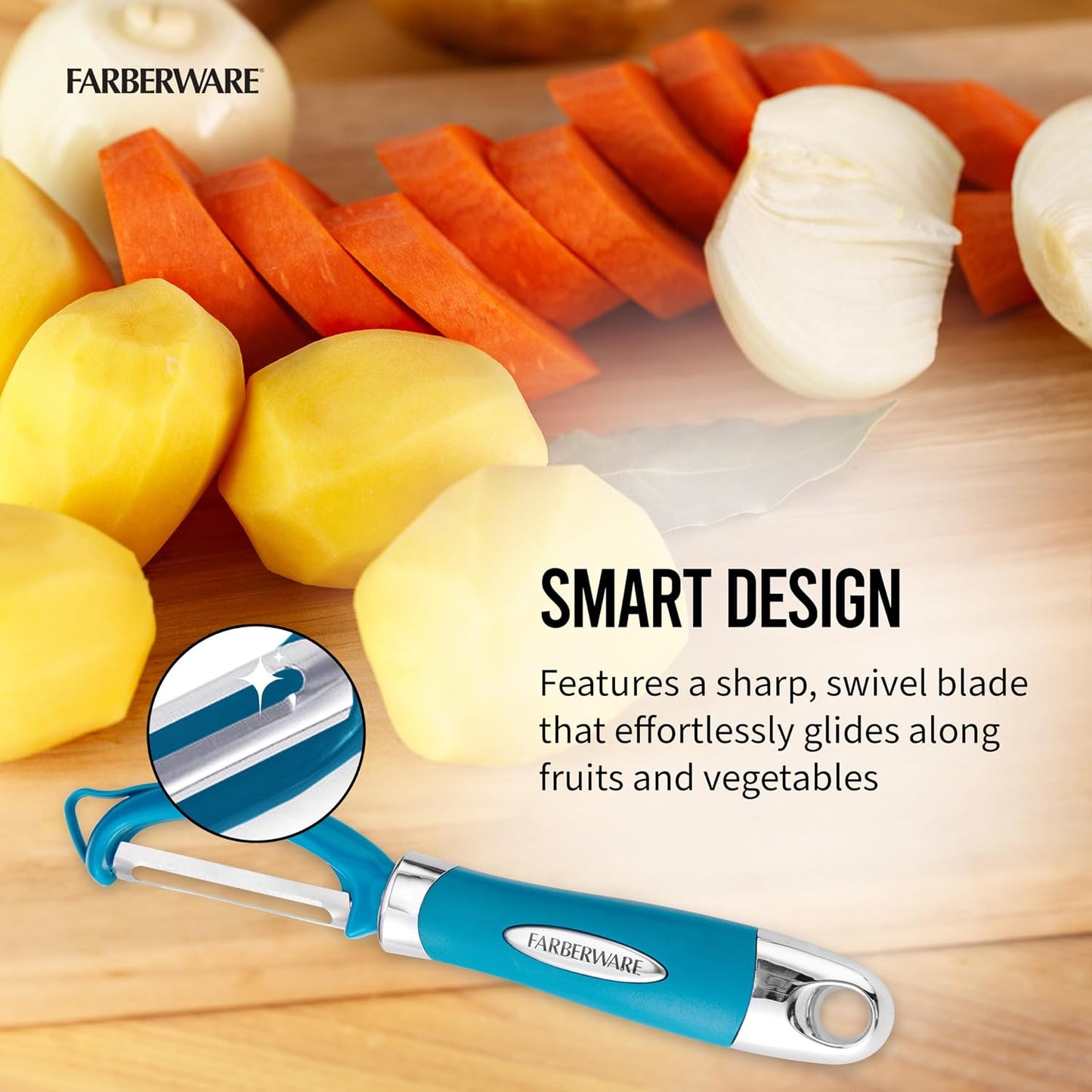 Farberware Vegetable Peeler, Pro2 Euro Peeler with Sharp Stainless Steel Swivel Blade and Ergonomic Handle, Dishwasher Safe, Aqua Sky