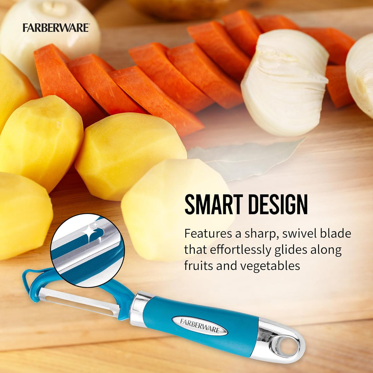 Farberware Vegetable Peeler, Pro2 Euro Peeler with Sharp Stainless Steel Swivel Blade and Ergonomic Handle, Dishwasher Safe, Aqua Sky