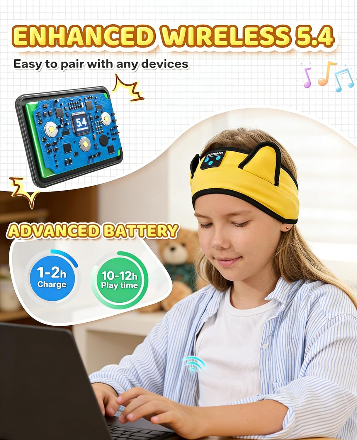 KIDSBAND Kids Bluetooth Headphones, Sleep Headband [Wireless & Wired Playback 2in1] Foldable Headphones for School/Travel/Tablet/Sleep