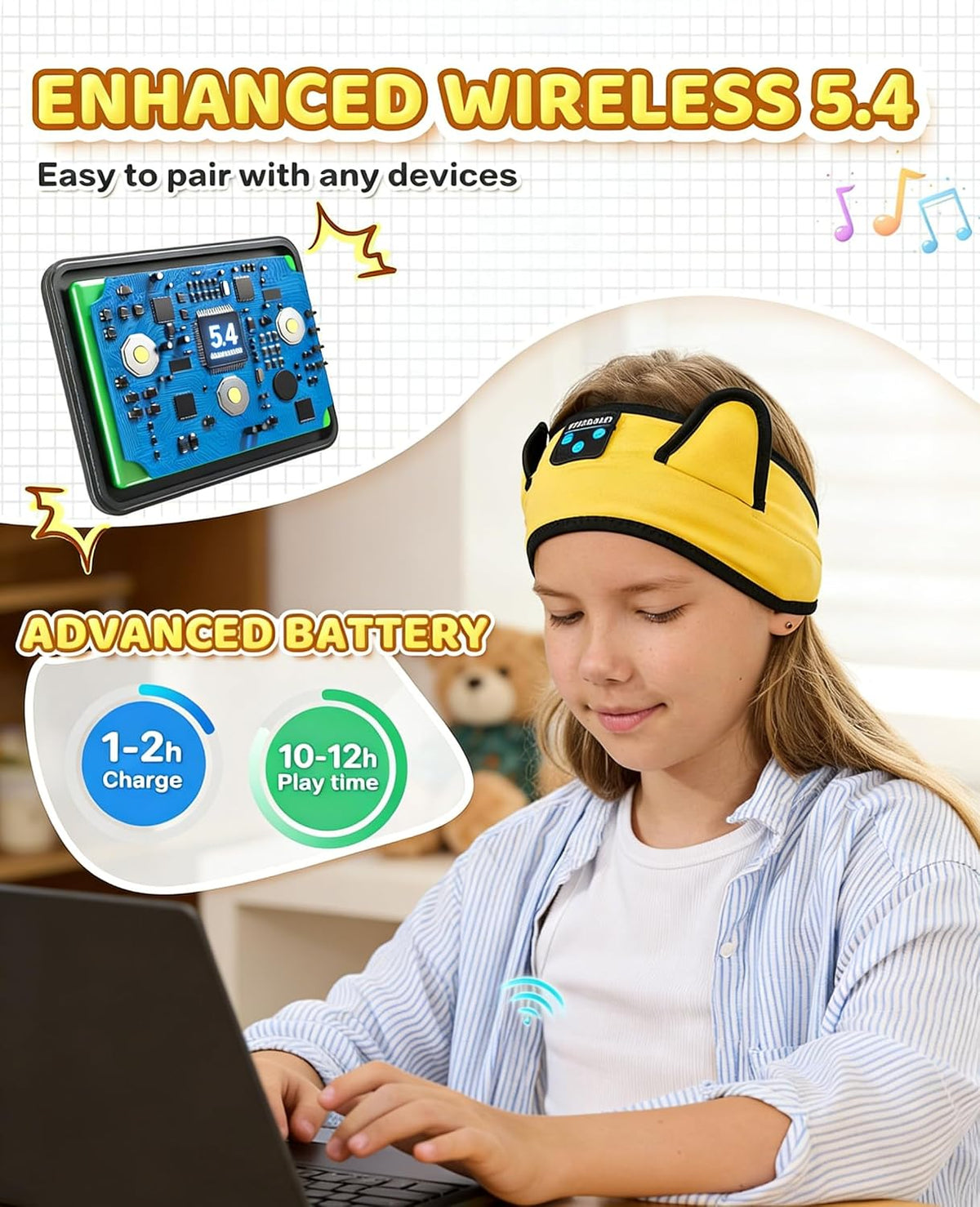 KIDSBAND Kids Bluetooth Headphones, Sleep Headband [Wireless & Wired Playback 2in1] Foldable Headphones for School/Travel/Tablet/Sleep