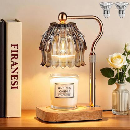 Candle Warmer Lamp with Timer Dimmer, Modern Wax Warmer for Scented Wax Jar Candle Warmer with 2 Bulbs, Adjustable Height Glass Lamp for Gifts for Women, Home Decor, Gold Amber