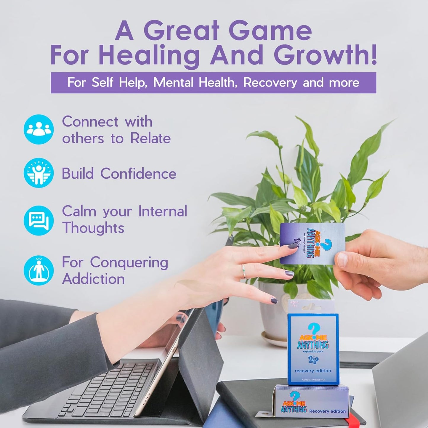 ASKMEANYTHING Recovery Pack Card Game - 100 Cards for Self-Improvement, Coping Skills, and Group Therapy