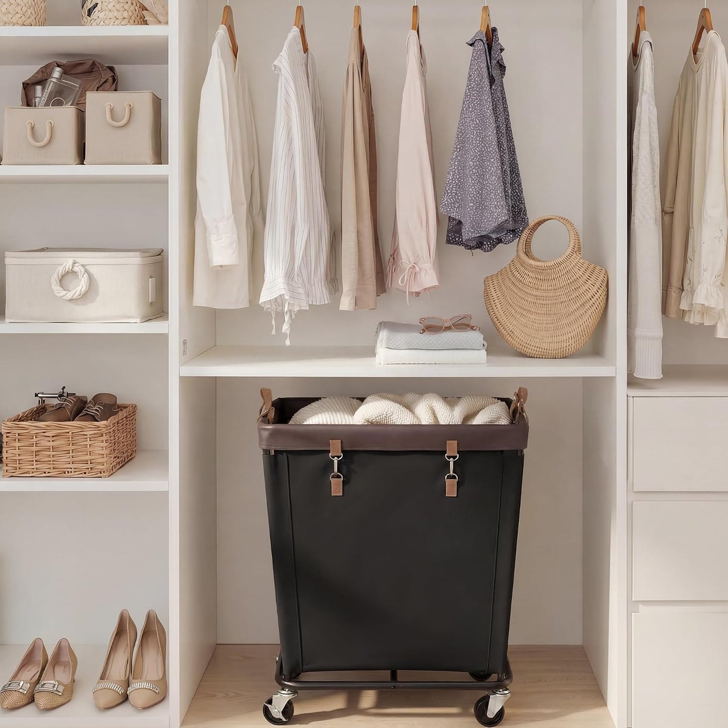 StorageWorks 160L Laundry Basket with Wheels, Rolling Hampers for Clothing | Beige Laundry Basket with Wheels, Metal Frame & Handles, Rolling Hamper for Bedroom, Bathroom, Dorm, Hotel