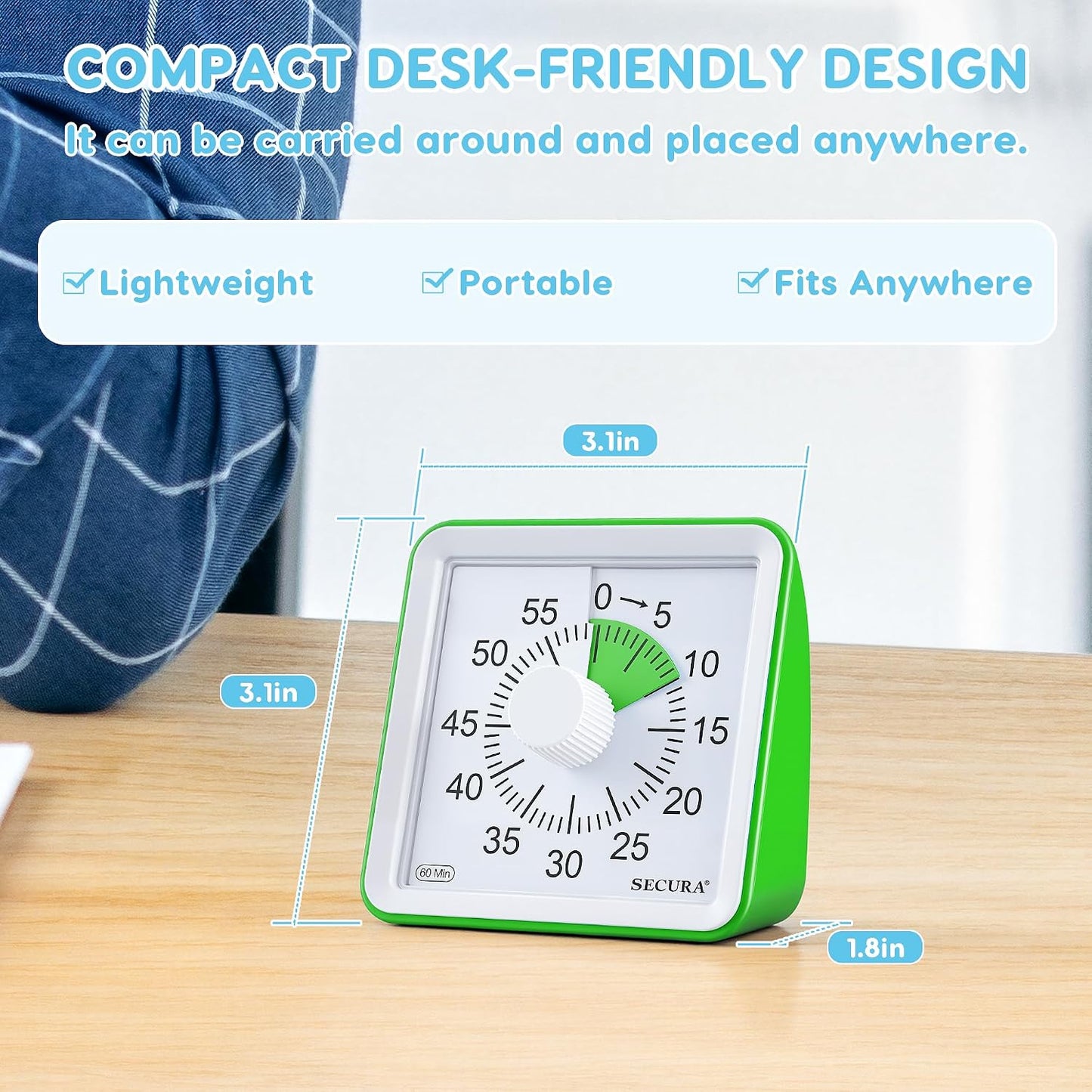 Secura 60-Minute Visual Timer, Classroom Timer, Countdown Timer for Kids and Adults, Time Management Tool for Teaching (Green & Green)