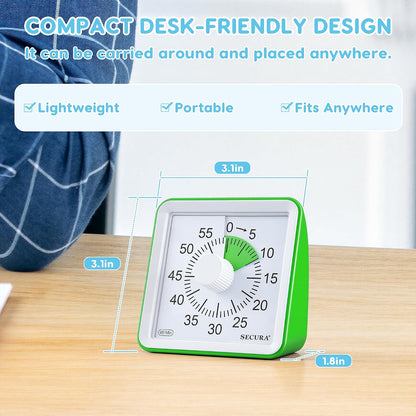 Secura 60-Minute Visual Timer, Classroom Timer, Countdown Timer for Kids and Adults, Time Management Tool for Teaching (Green & Green)