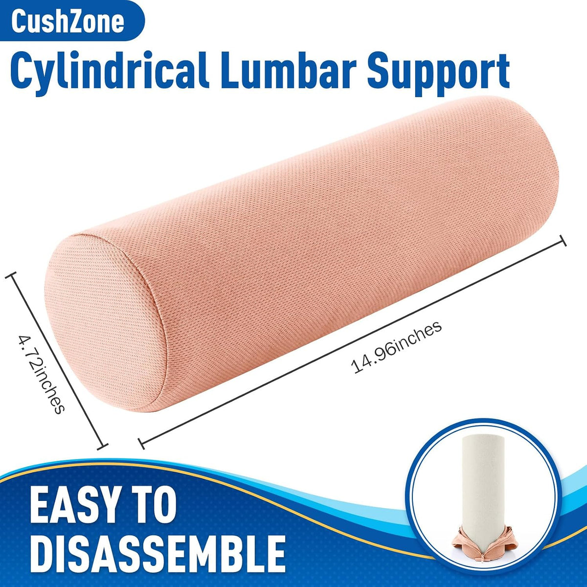 CushZone Lumbar Roll Support Pillow, Memory Foam Back Cushion, Black