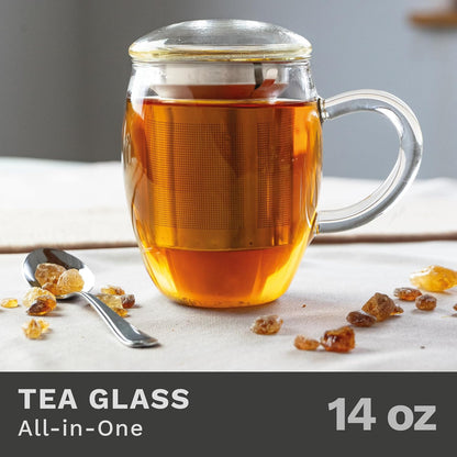 Creano Tea Glass with Infuser and Lid 400ml - Large Tea Cup - Microwave & Dishwasher Safe - Loose Leaf Tea Maker Gift Set