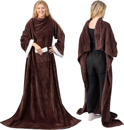 PAVILIA Wearable Blanket with Sleeves and Pocket for Women Men, Sherpa Trim