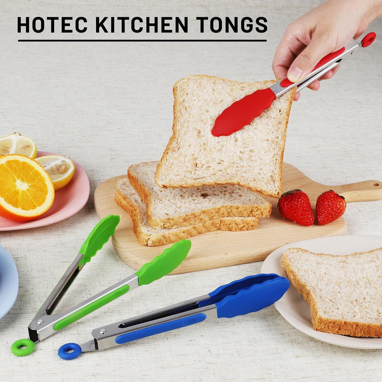 Hotec Mini Silicone Kitchen Tongs for Cooking - 7-Inch Small Serving Tongs with Silicone Tips, Set of 3 (Black,Grey,Light Blue)