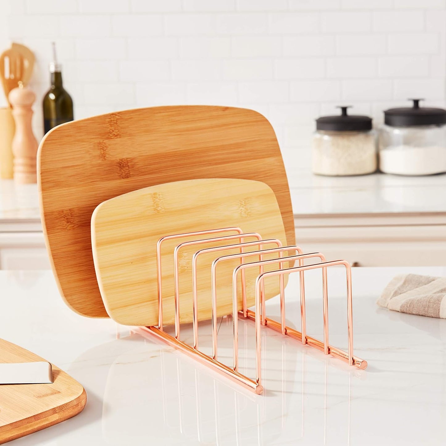 Spectrum Euro Kitchen Organizer Metal Dish Rack Cutting Board Holder Stand for Countertop or Inside Cabinet Organization, 8 Slot Cutting Board Plate Drying Rack for Bakeware Storage, Satin Nickel