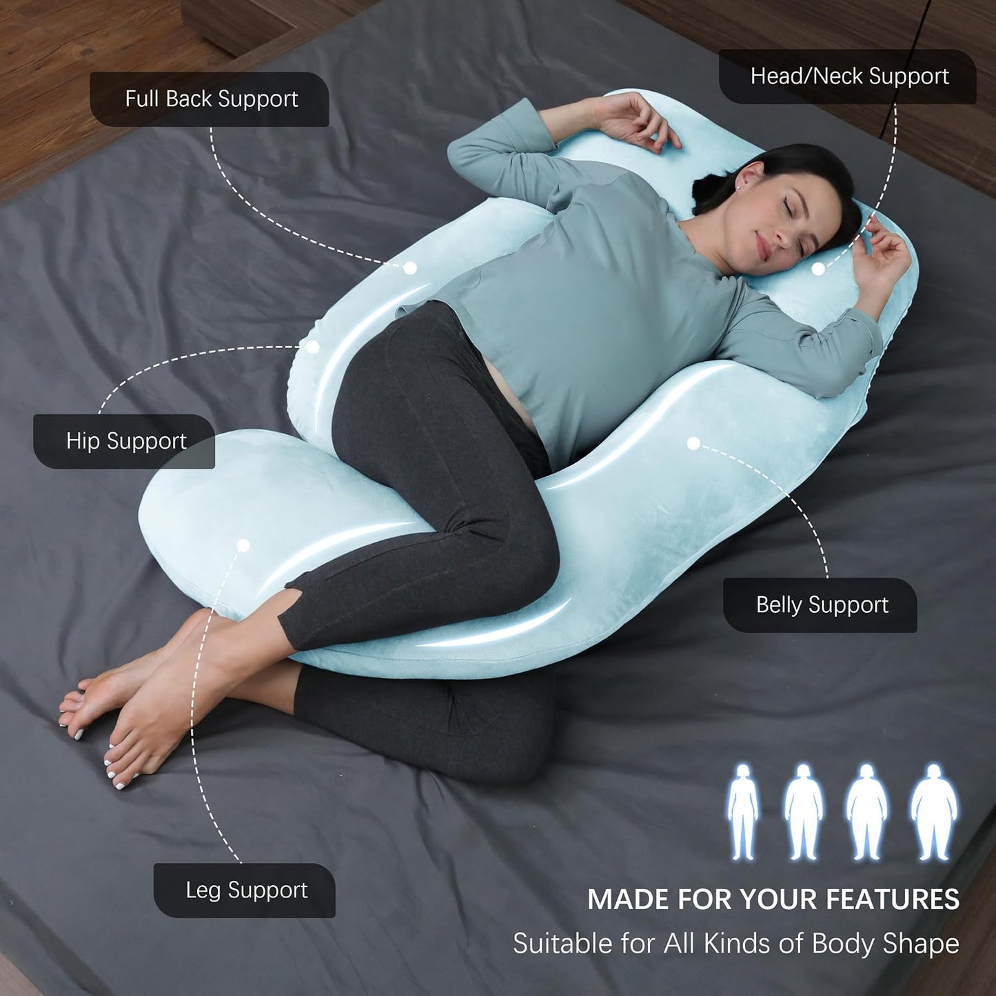 MOON PARK Pregnancy Pillows for Sleeping - 57 Inch U Shaped Full Body Maternity Pillow with Removable Cover - Support for Back, Legs, Belly, Hips - Pregnancy Pillow for Women - Grey