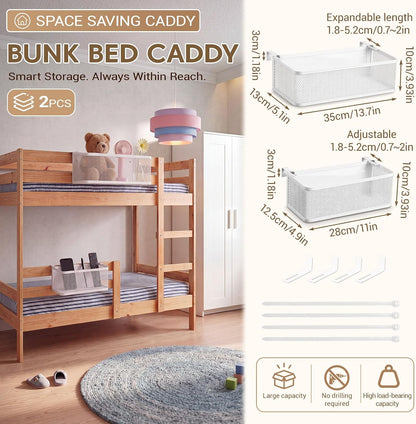 2 Pcs 2 Size Metal Mesh Bedside Storage Caddy Shelf for Bunk Bed Hanging Storage Basket with Adjustable Hook Bedside Organizer Holder for College Dorm Essentials, Bedroom, Loft Bed(White)