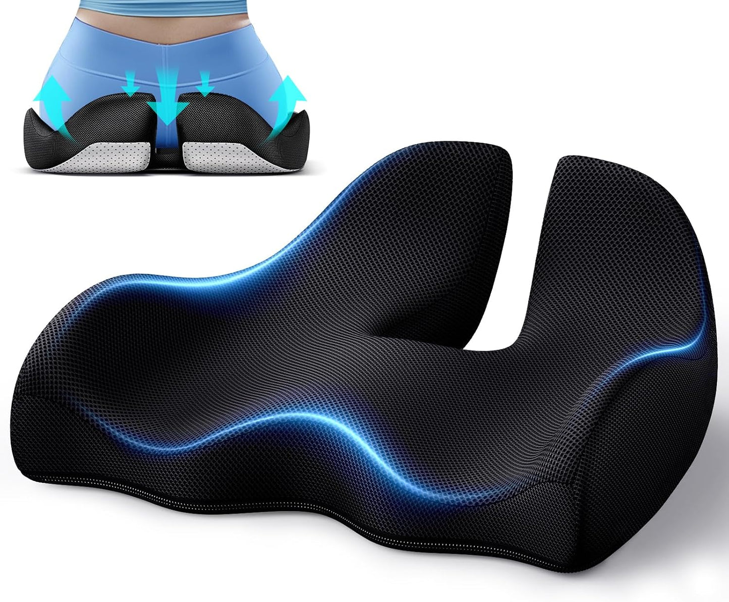Benazcap Large Ergonomic Seat Cushion Relieves Sciatica & Tailbone Pain | Ergonomic memory foam relieves sitting strain, washable slip-resistant cover, fits office, car, gaming chairs all day