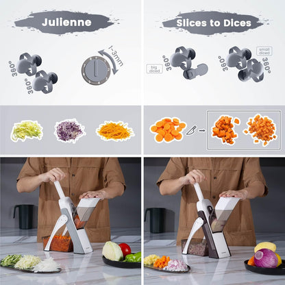 SupMaKin Safe Mandoline Slicer for Kitchen,Adjustable Potato Slicer 1-8 mm | 4 Modes Slice, Strips,Julienne Dicer,Vegetables Slicer Fry Food Cutter,Stainless Steel Blades, Foldable Dishwasher Safe,Gifts