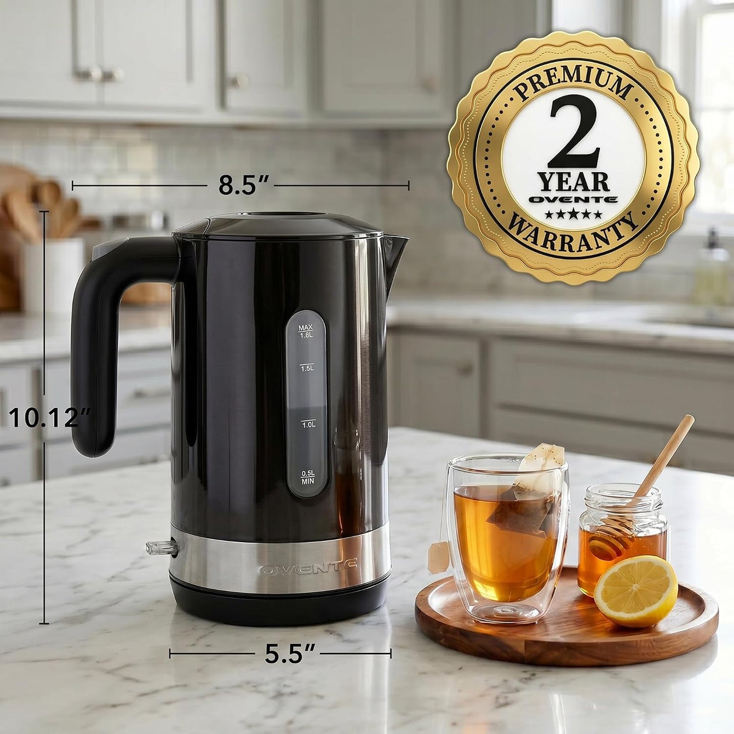 OVENTE 1.8L Electric Kettle with 1500W Fast Boiling Heater, Black KP413B | Best For Coffee or Tea, BPA-Free, Easy-Fill Lid, Water Level Window, Auto Shut-Off & Boil-Dry Protection, Removable Filter