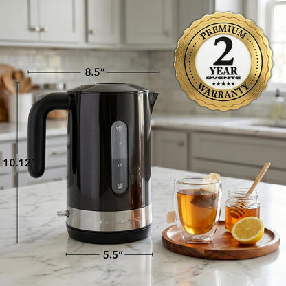 OVENTE 1.8L Electric Kettle with 1500W Fast Boiling Heater, Black KP413B | Best For Coffee or Tea, BPA-Free, Easy-Fill Lid, Water Level Window, Auto Shut-Off & Boil-Dry Protection, Removable Filter