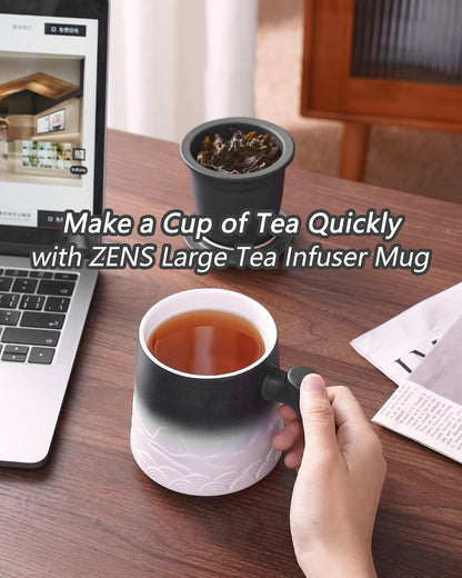 ZENS Tea Mug with Infuser and Lid for Loose Leaf Tea Steeper, 16.9oz Moss | Embossed Ceramic Tea Cup with Infuser for Herbal Tea Difussers, Tea Lovers Gifts, Nature Wood Handle