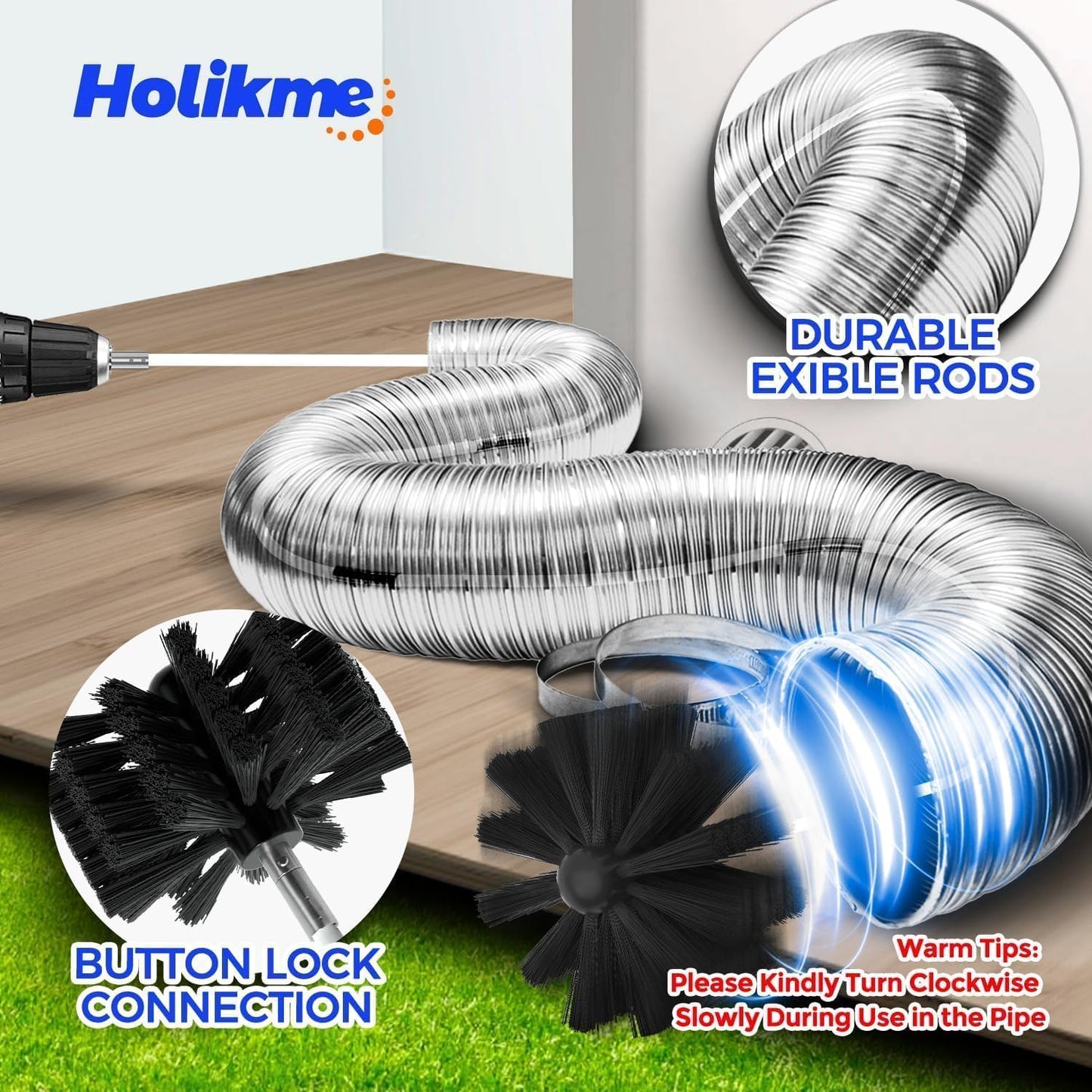 Holikme Dryer Vent Cleaner Kit - 30Ft Fireplace Chimney Brushes Flexible | Dryer Vent Cleaner Brush with Drill Attachment, Removes Years of Lint Buildup, Improves Airflow, Faster Drying & Fire Safety