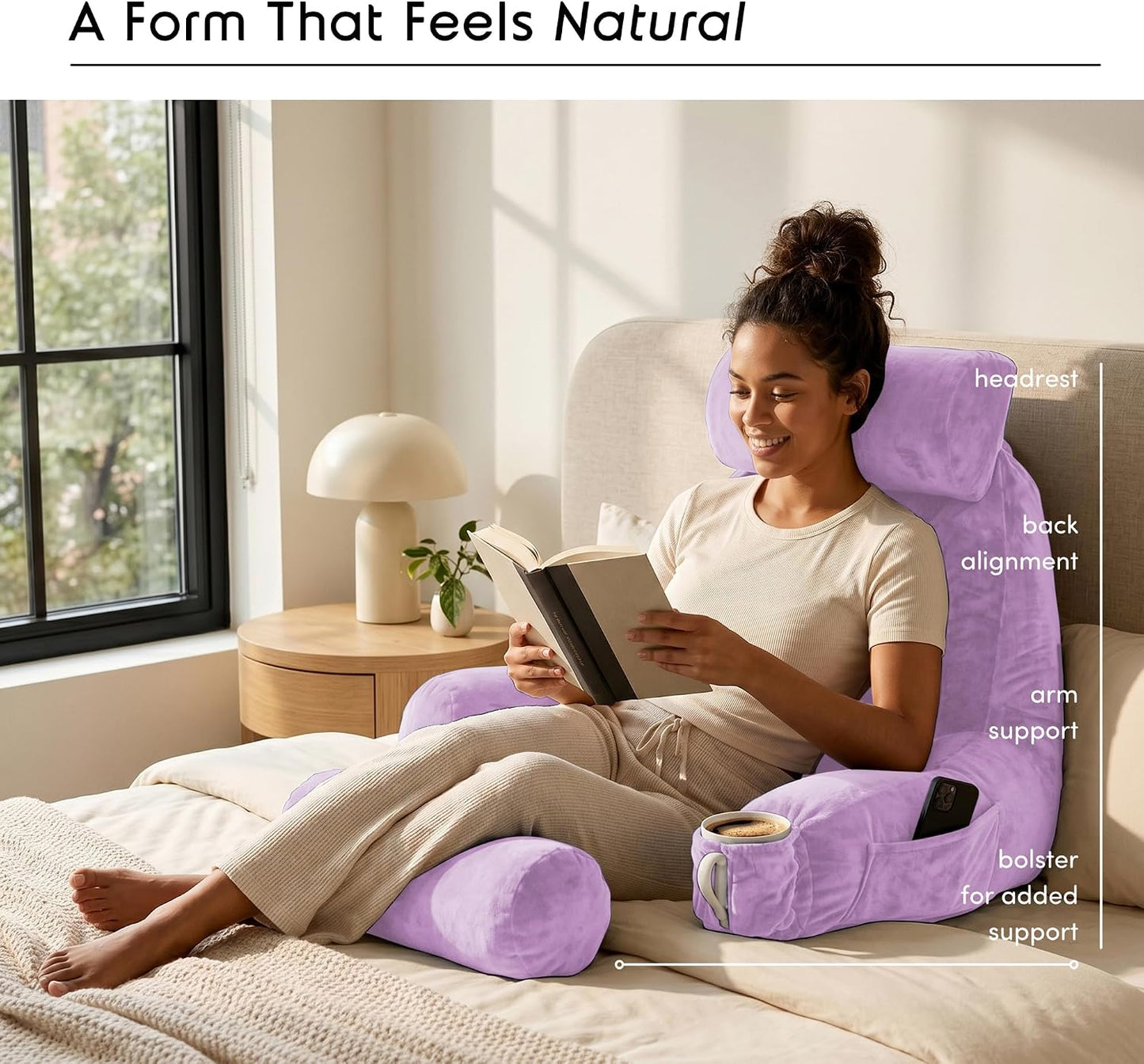 Nestl Reading Pillow with Shredded Memory Foam, Designed for Sitting Up in Bed and Couch, Back and Arms Adjustable Support for Adult & Teens Backrest Pillows for Reading, with Washable Cover Dark Grey