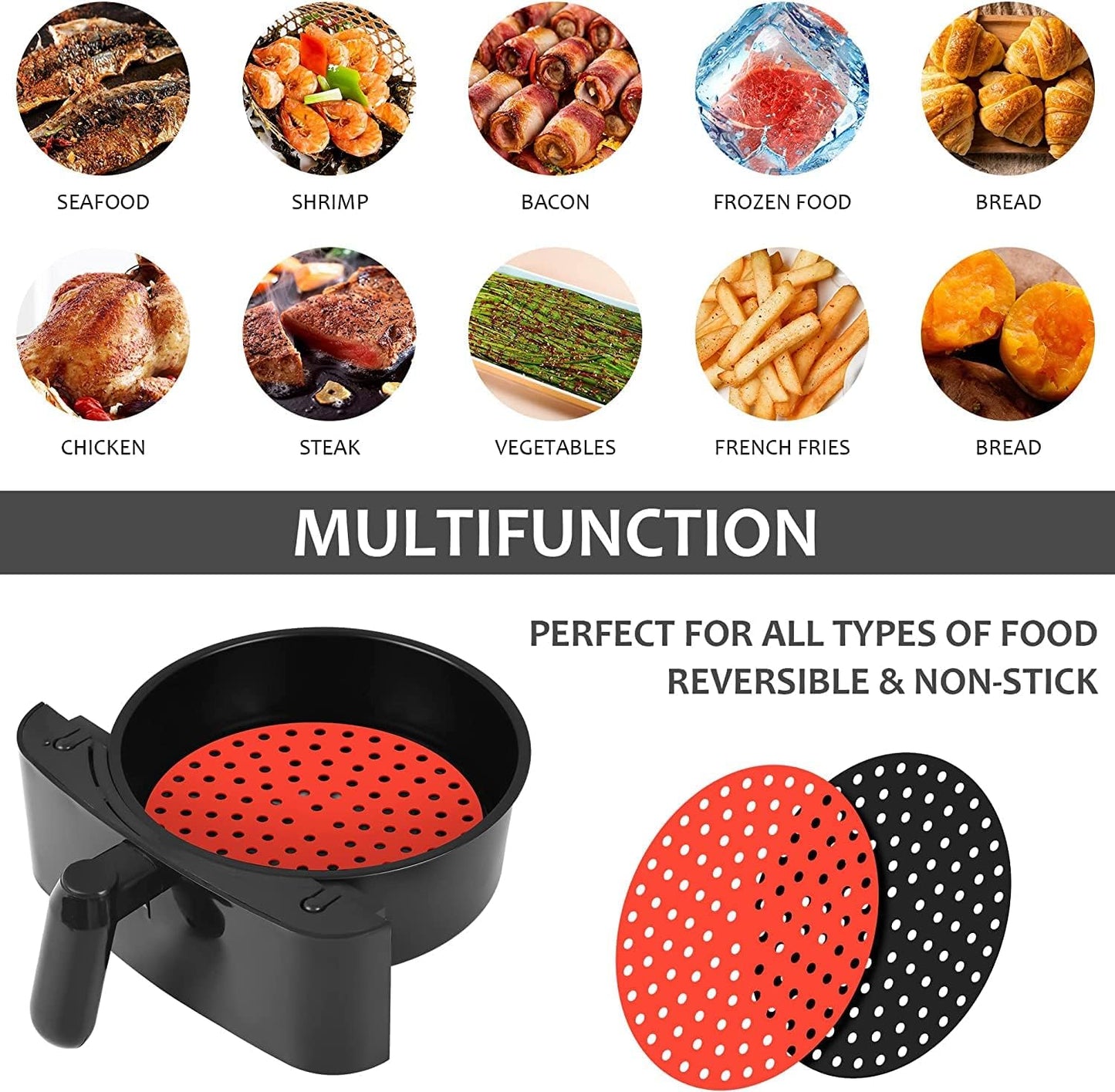Reusable Air Fryer Silicone Liners 2-Packs, 8 Inch Round Non-Stick, BPA Free Reusable Air Fryer Accessories (8 inch)