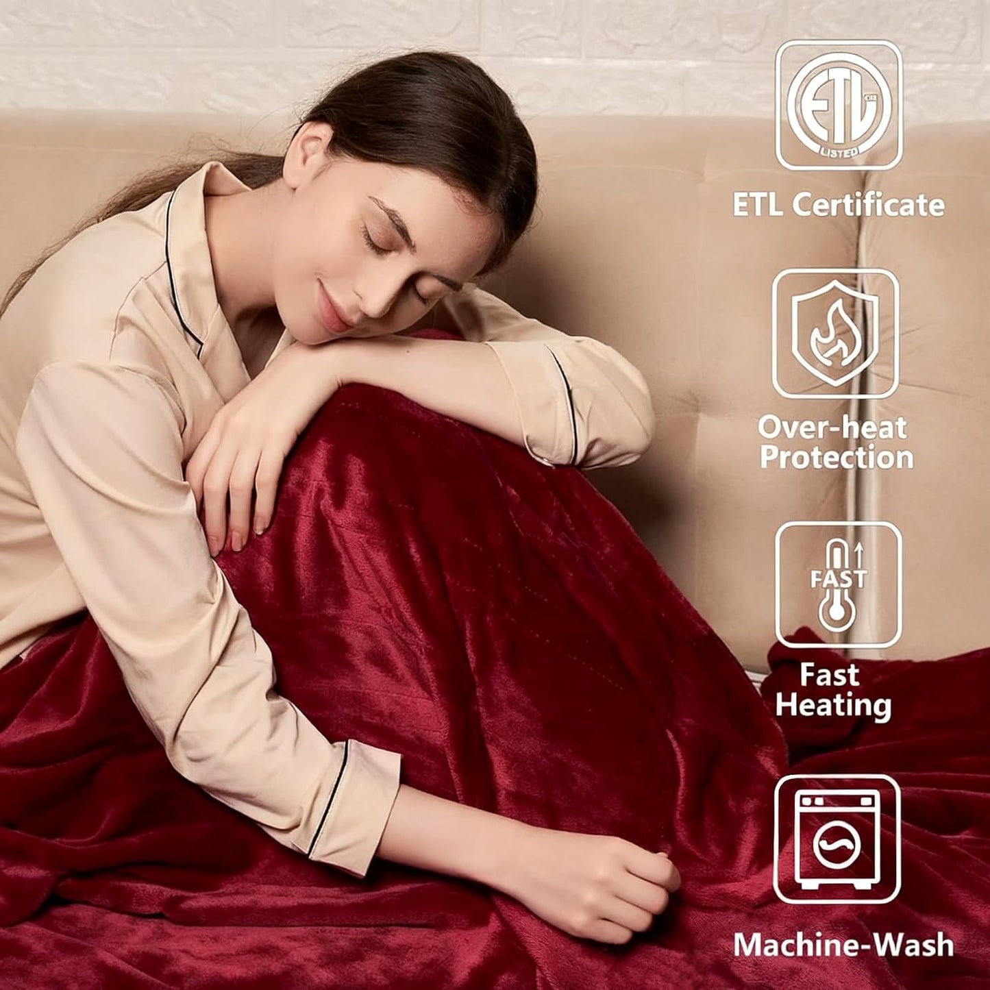 Tefici Electric Heated Blanket, Super Cozy 2-Layer Flannel Heated Throw | ETL & FCC Certified, 3 Heating Levels, 4H Auto Off, Overheat Protection, for Couch & Bed, Office, Gifts for Women, Men, Red