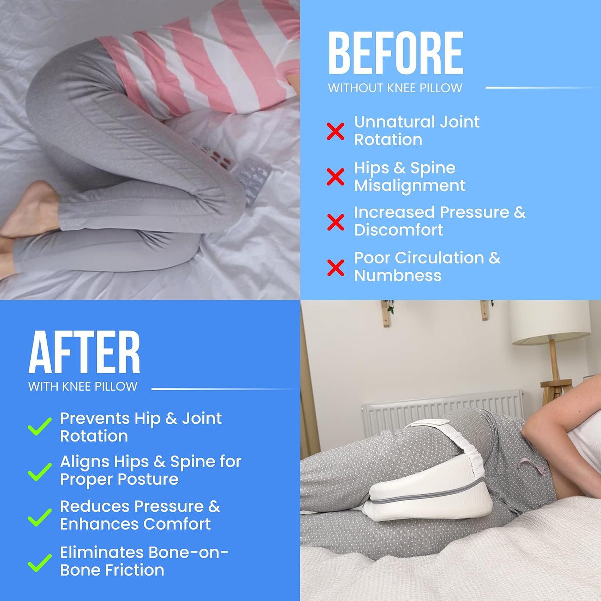 Memory Foam Knee Pillow for Side Sleepers Hip Pain with Adjustable Strap - Between Leg Pillow for Side Sleeping - Sciatica Pain Relief Support for Back, Knees, Joints, and Spine Alignment Cushion