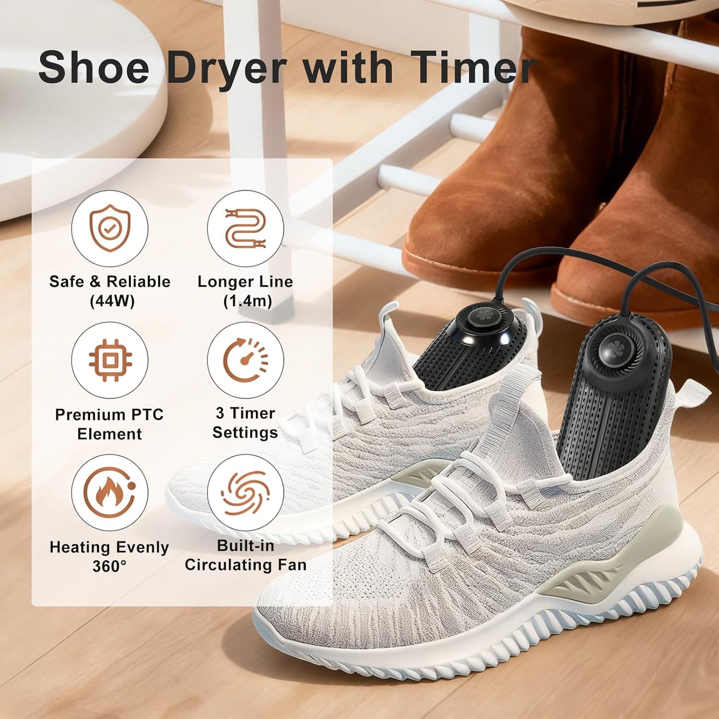 Electric Shoe Dryer, Footwear Dryers with 3/6/9 Hours Timer, Built-in Airflow Fan, Portable Dryers for Sneakers