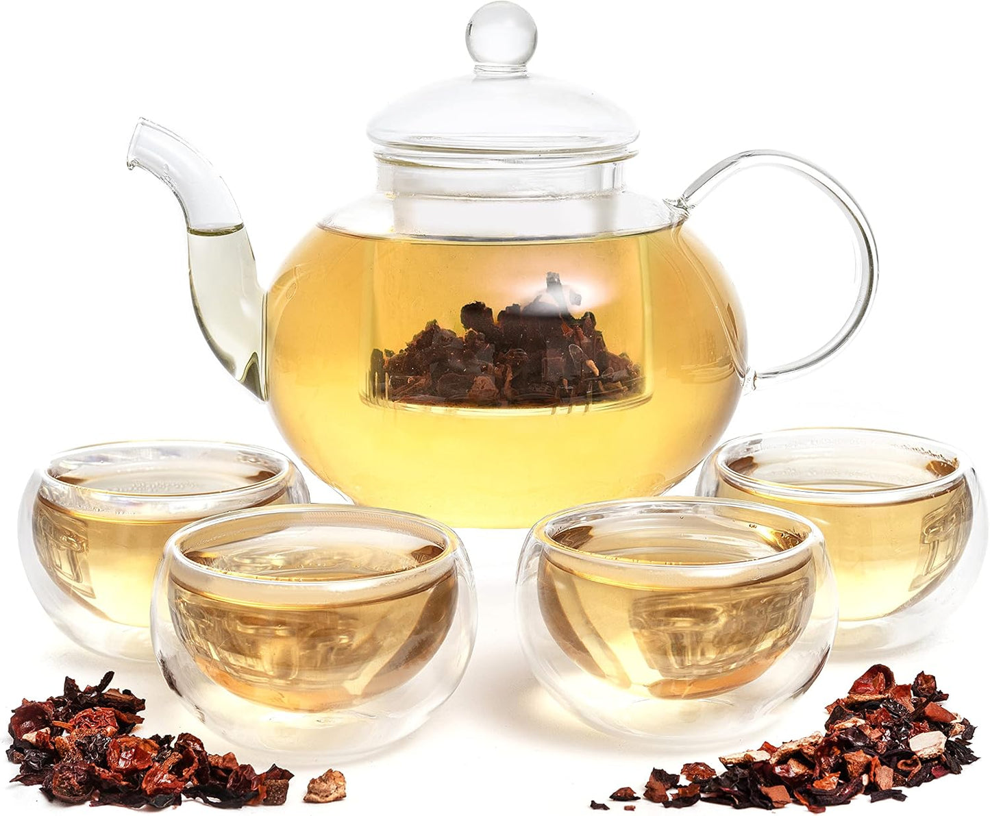 Moss & Stone Glass 27oz Tea Kettle Infuser & 4 Tea Cups Gift Set, Borosilicate Glass Teapot With Removable Glass Strainer & Teacups Of 2.7 oz, Teapot With Strainer Microwave Safe Tea Maker