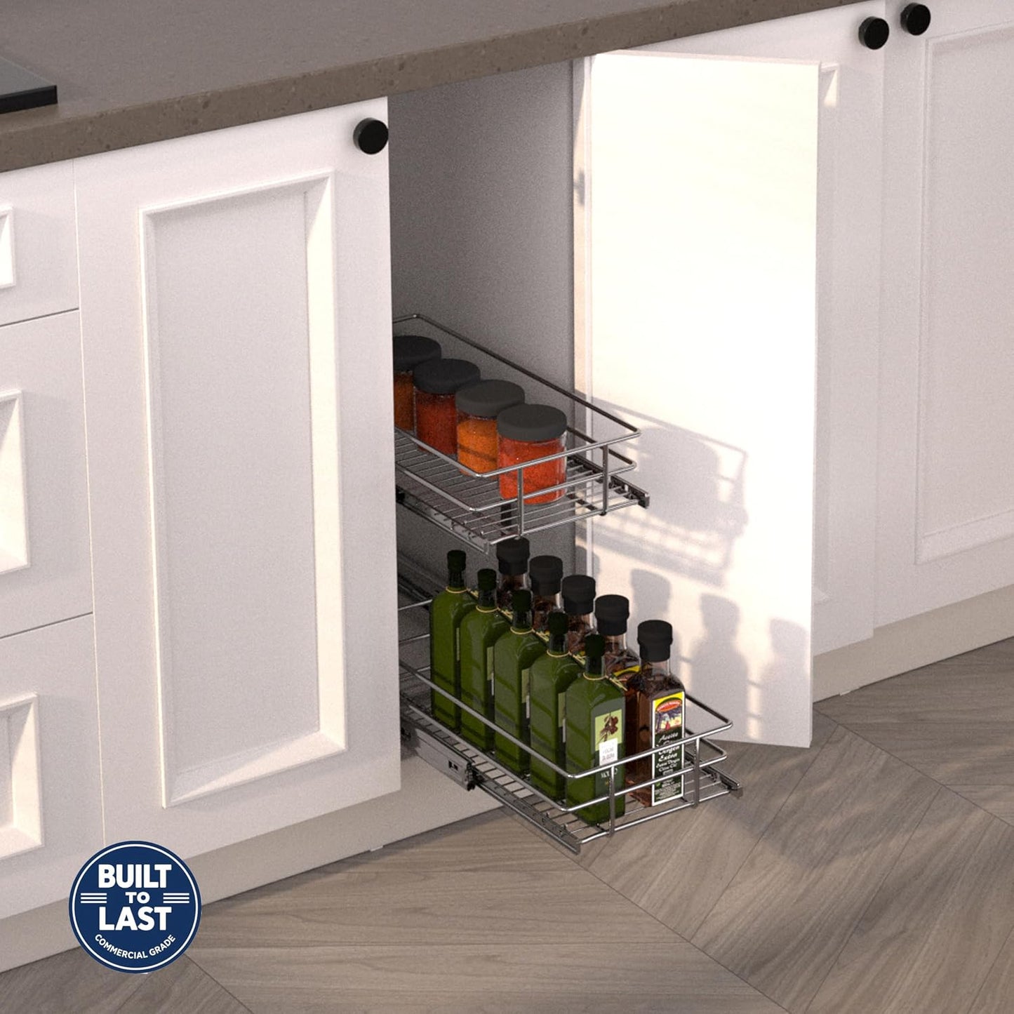 2-Tier Cabinet Pull Out Shelves, 14" W x 22" D, Chrome | Heavy-Gauge Wire Kitchen Cabinet Organizer, 100 lbs Capacity, Ball-Bearing Glides, Min 15" Opening, For Tupperware & Bowls