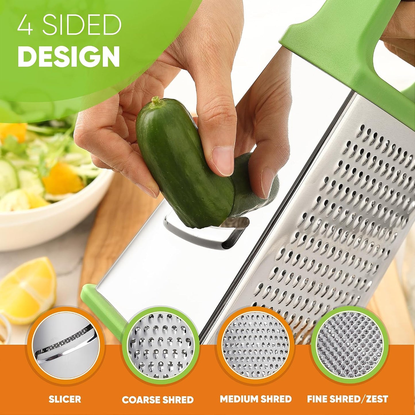 Spring Chef Stainless Steel XL Cheese Grater for Kitchen, Green | 4 Sided Manual Metal Box Grater for Carrot, Potato, Cabbage, Cheese Shredder, Professional Vegetable Grater, Dishwasher Safe