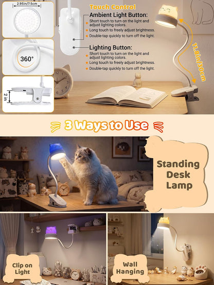 Cat Lamp,Dimmable RGB Clip on Light,Cute Desk Lamp Rechargeable Night Light