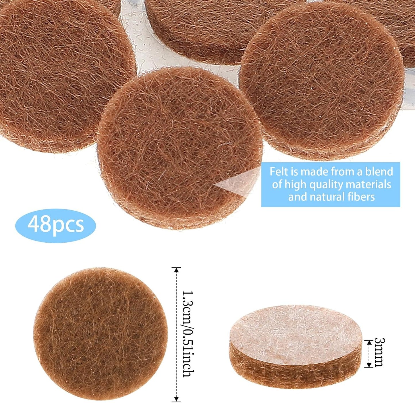 48 Pcs Brown Felt Cabinet Door Pads, 1/2 Inches Diameter Self Adhesive Felt Bumpers for Furniture Kitchen Cabinet Doors Floor Drawers Cupboards