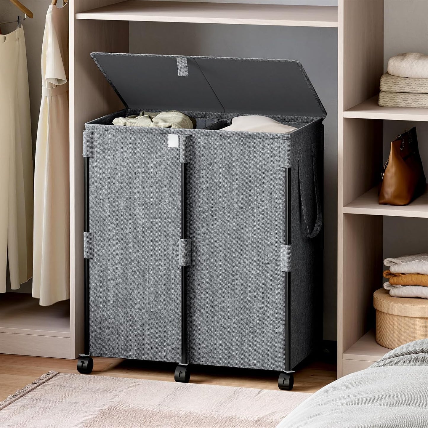 140L Double Laundry Hamper with Lid and 6 Wheels, Rolling Laundry Basket | Gasvadivum Metal Frame Laundry Sorter 2 Section with 2 Removable Bags, Large Clothes Cart for Bedroom, Bathroom, Black