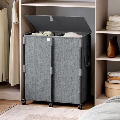 140L Double Laundry Hamper with Lid and 6 Wheels, Rolling Laundry Basket | Gasvadivum Metal Frame Laundry Sorter 2 Section with 2 Removable Bags, Large Clothes Cart for Bedroom, Bathroom, Black