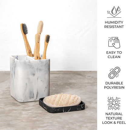 Marble Look Toothbrush Holder for Bathroom Countertop Organizer, Holds Toothpaste, Dental Floss, Razor, Comb, Makeup Brushes, and More, Stylish Bathroom Accessory for Tooth Brushing Essentials