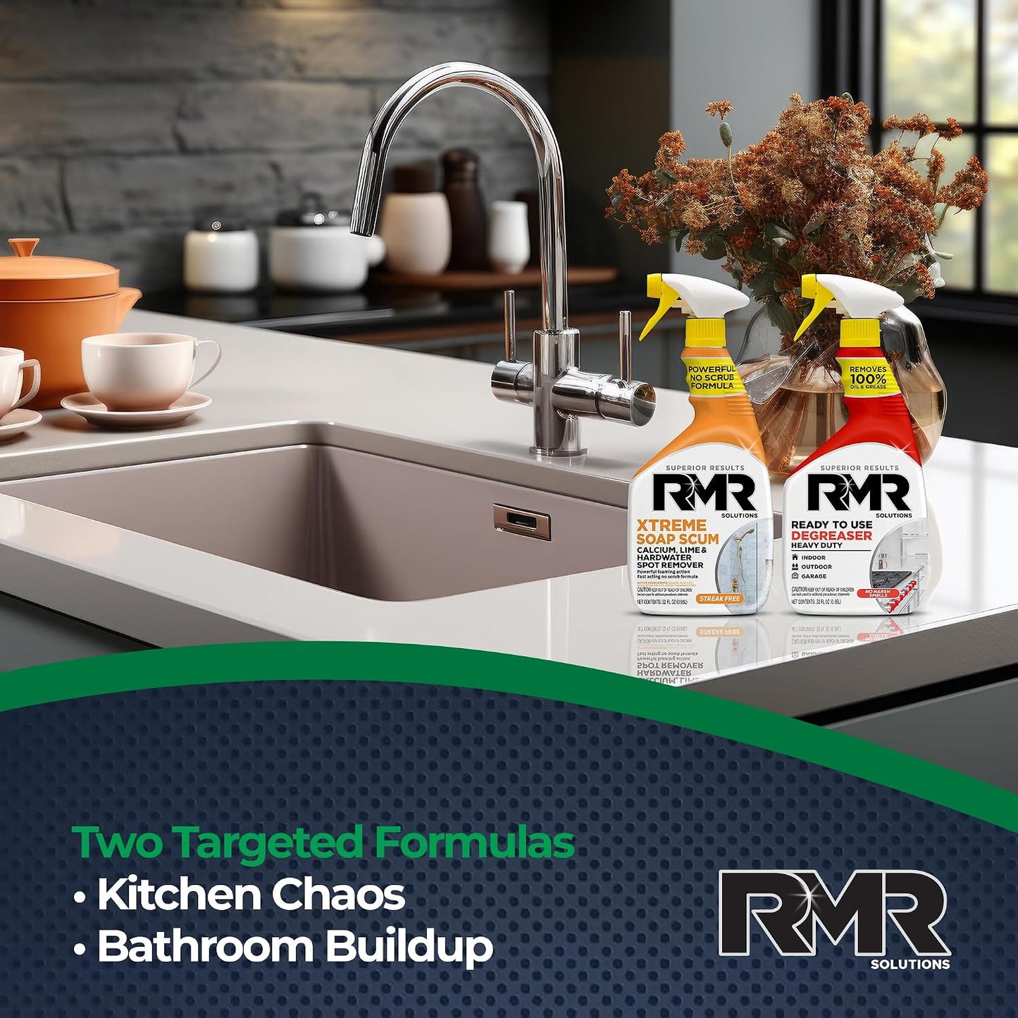 RMR Grease & Grime Eraser Kit – Degreaser & Cleaner + Xtreme Soap Scum Remover, Fast-Acting Kitchen & Bathroom Cleaning System for Grease, Soap Scum, Calcium & Hard Water Buildup, 2–32 Oz Bottles