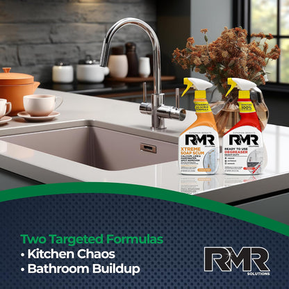RMR Grease & Grime Eraser Kit – Degreaser & Cleaner + Xtreme Soap Scum Remover, Fast-Acting Kitchen & Bathroom Cleaning System for Grease, Soap Scum, Calcium & Hard Water Buildup, 2–32 Oz Bottles