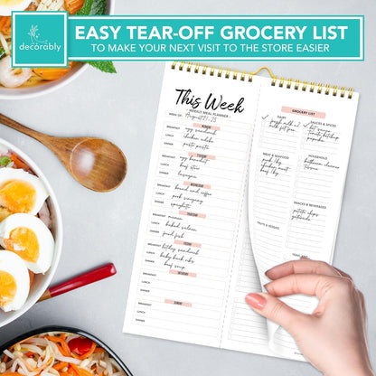 Decorably 52 Sheets Pastel Rainbow Undated Magnetic Weekly Meal Planner | 8.5x11in Grocery List Notepad Meal Planner with 4 Strong Magnets - Spring-Bound, Refrigerator Mountable, Easy Tear-Off Design