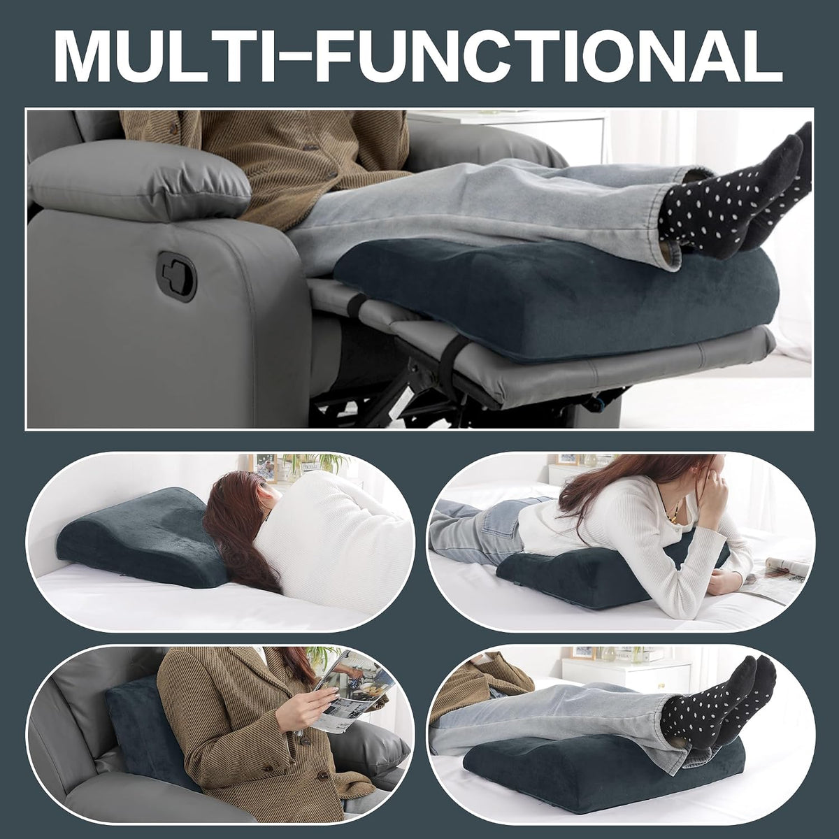 HOMBYS Extra Large Recliner Leg Pillow, Memory Foam Foot Rest Cushion Wave Shape Recliner Footrest Extender, Multi Purpose Back & Lumbar Support Pillow for Recliner, Bed, Sofa Couch,Grey