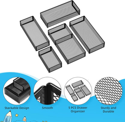 Marbrasse 5 Pack Desk Drawer Organizer Set, Mesh Drawer Storage Trays with 1 Adjustable Divider, Desk Organizers and Accessories, 5 PCS Drawer for Office Supplies, Makeup & Vanity (Black)