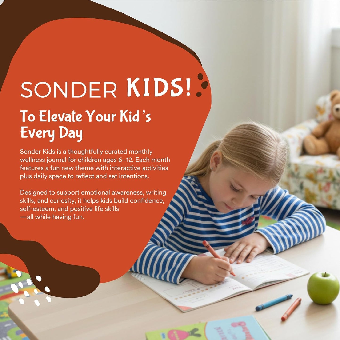Sonder Kids Wellness Gratitude Journal - Kids Journal for Girls and Boys, Hands-On Activities like Crosswords, Coloring and Nature Prompts, Undated, Ages 6-12, 56 pages